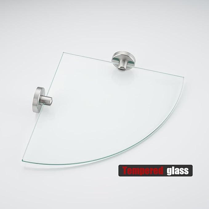 JQK Corner Glass Shelf, Brushed Steel Bathroom 304 Stainless Steel Shower Triangle Floating Wall Shelf, 10 x 10 Tempered Glass, 2 Pack, TGS190L10-BN-P2