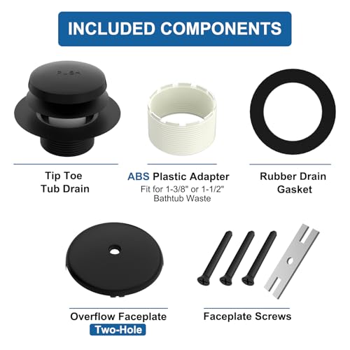 Black Tip-Toe Tub Drain with 1-Hole Overflow Cover, Matte Black - Image 7