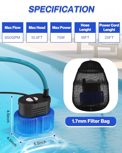 AgiiMan 850GPH Pool Cover Pump, Submersible Sump Pump above - Image 7
