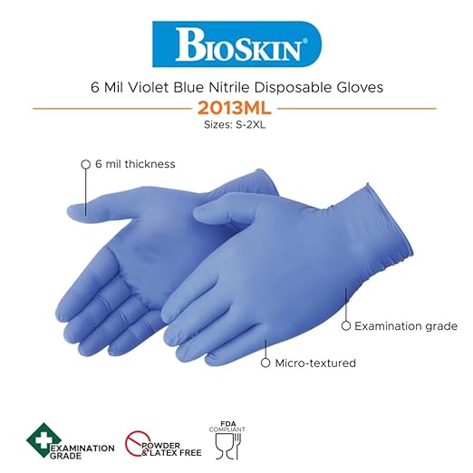 BioSkin Nitrile Exam Grade Disposable Gloves, 6 Mil - 2X-Large | Powder-Free, Chemical + Puncture Resistant, Textured | for Medical, Industrial, Janitorial, Food Service (Box of 50)
