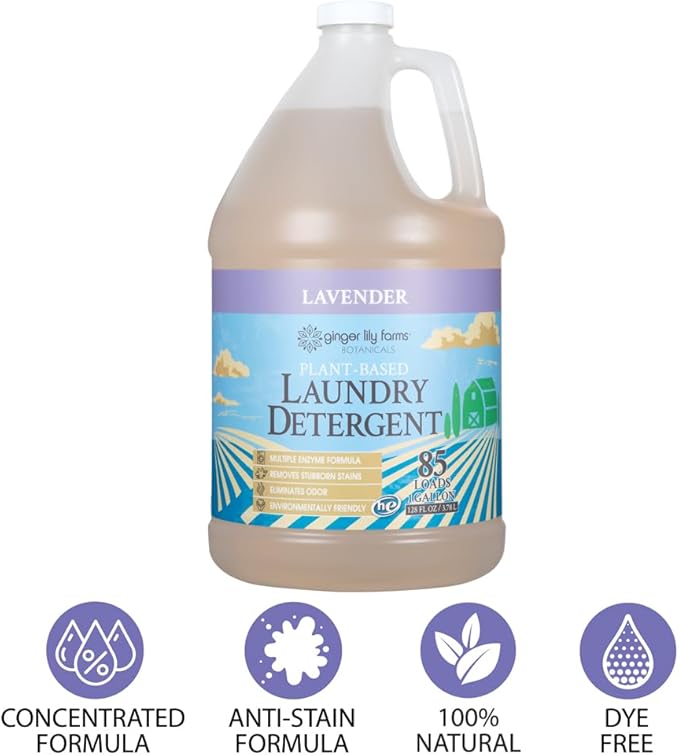 Ginger Lily Farms Botanicals Plant-Based Liquid Laundry Detergent, Lavender, Concentrated Formula, HE Compatible, 85 Loads, 1 Gallon (128 fl. oz.)