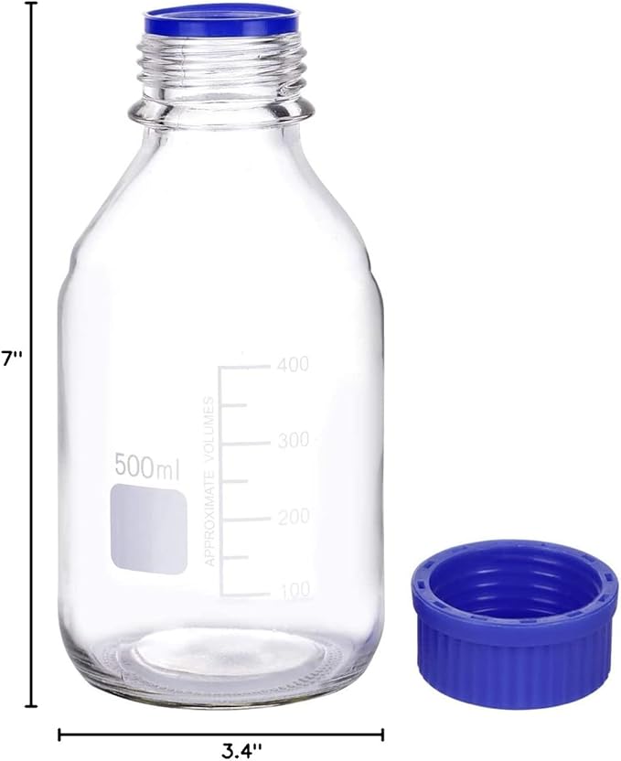 Lab Media Storage Round Bottles Graduated Glass Container GL45 Screw Cap Leakproof Multi-Purpose for Scientific | pack of 8 (Blue,500ml)