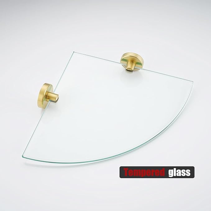 JQK Corner Glass Shelf, Brushed Gold Bathroom 304 Stainless Steel Shower Triangle Floating Wall Shelf, 10 x 10 Tempered Glass, 2 Pack TGS190L10-BG-P2