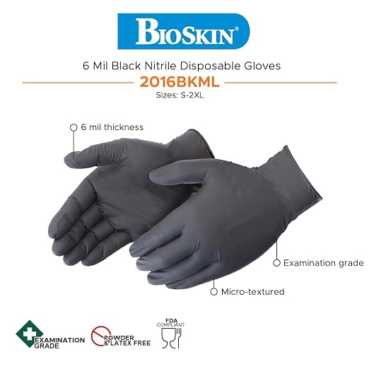 BioSkin Nitrile Exam Grade Disposable Gloves, 6 Mil - Small | Powder-Free, Chemical + Puncture Resistant, Textured | for Medical, Industrial, Janitorial, Food Service (Box of 100)