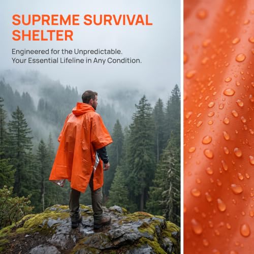 Camping Emergency Poncho for Hiking Survival (Orange, 4P - Image 7