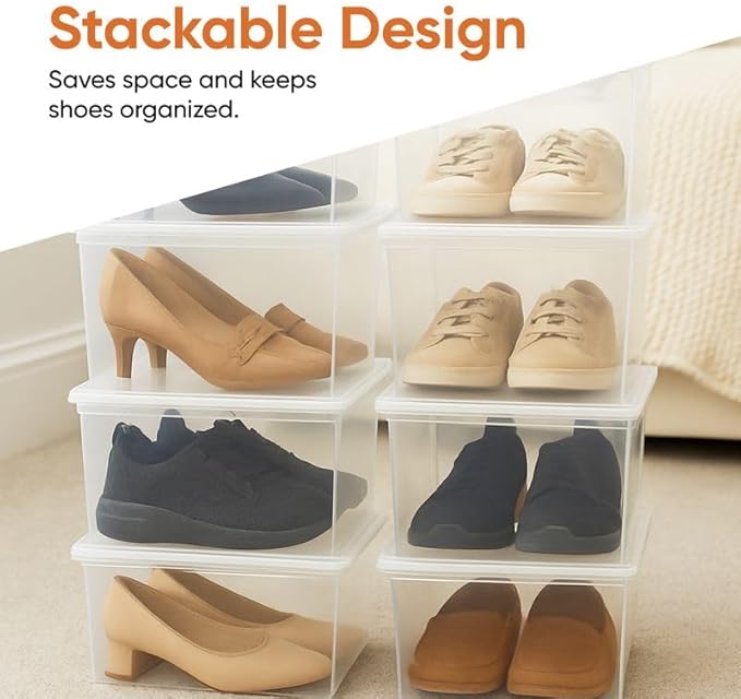 Superio Shoe Box Modern Storage Container 4 Pack - 6.5 Quart/6 Liter, Stackable Plastic Shoe Box Organizer (13.5"L x 8.35"W x 5.2"H)