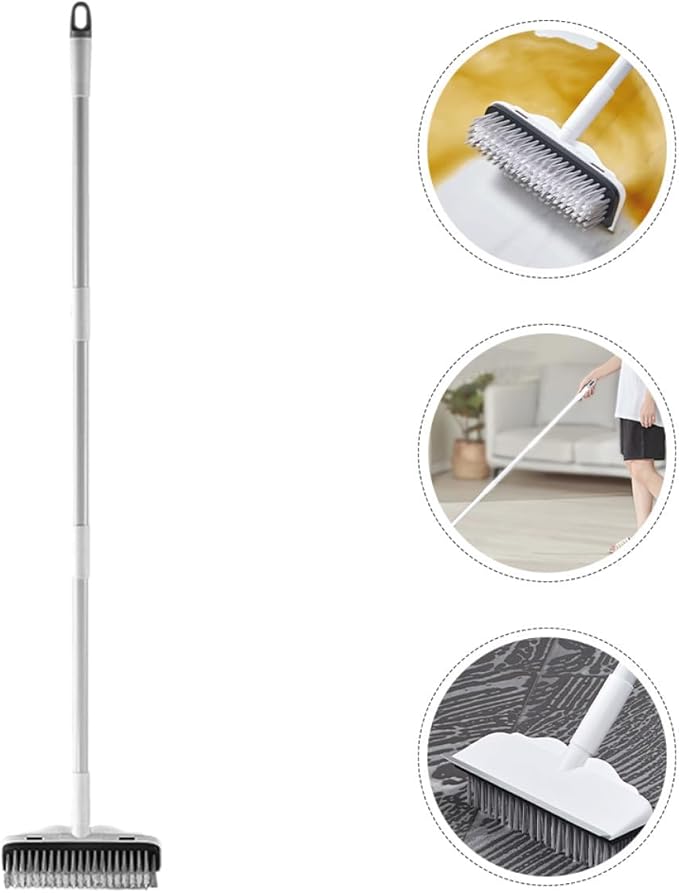 Floor Scrub Brush with Squeegee Long Handle Hard Bristles 2-in-1 Bathroom and Tile Cleaning Scrubbing Brush for Shower and Floor Maintenance