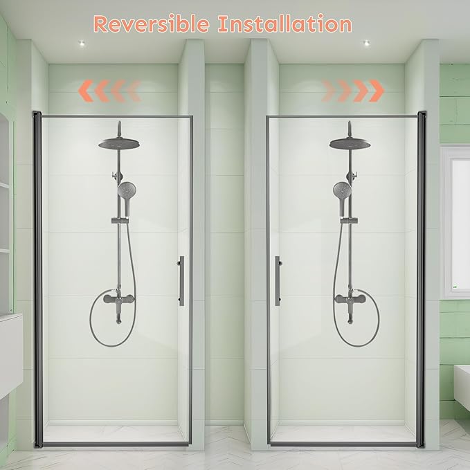 34" Wx72 H Frameless Reversible Pivot Shower Door, 1/4" Clear SGCC Tempered Glass, 304 Stainless Steel Hardware, Water Protection Seal Stripes Plus Glass-Fixing Aluminum Stripe
