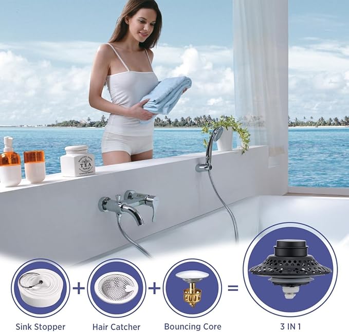 Universal Bathtub Drain Stopper with Removable Hair Catcher, 3-in-1 Pop-up Drain Plug Fits 1.38 to 2.1 Inch Holes, Upgrade Shower Drain Cover with Stainless Steel Filter