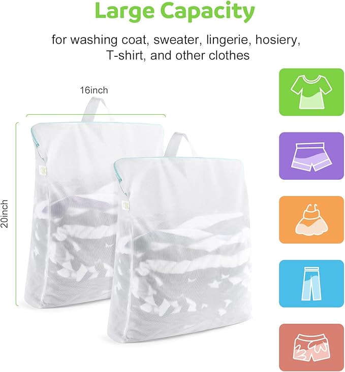 OTraki Large Mesh Laundry Bag 16x20 inch Hanging Lingerie Bag Mesh Laundry Bags with Handles Delicates Hanging Laundry Washing Machine Zipper Opening Wash Bag for Coat Sweater Sock Sheet, White