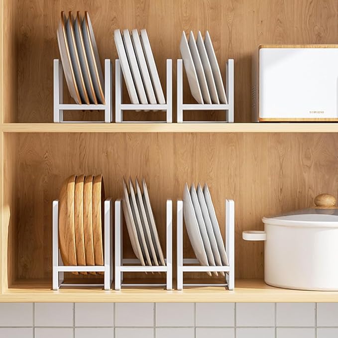 2PCS Plate Holders Organizer, Metal Dish Storage Dying Display Rack for Cabinet, Counter and Cupboard - White, Small and Large