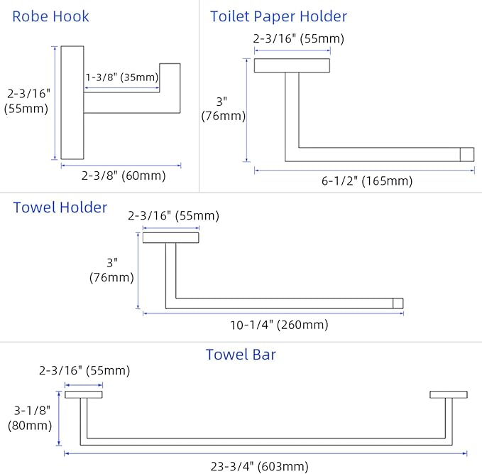 Bathroom Hardware Set 4-Piece, Angle Simple SUS304 Stainless Steel Bath Accessory Kit, Bathroom Fixture Set with Robe Hook, Toilet Paper Holder, Towel Holder and Towel Bar Polished Chrome