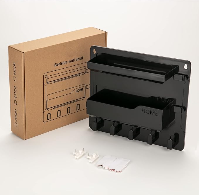 Bedside Wall Mount Shelf, Adhesive Bedside Organizer for Remote、Phone、Glasses. Bedside Accessories Storage suitable for College Dorm 、bunk bed 、 Bedroom、Rv(Black)