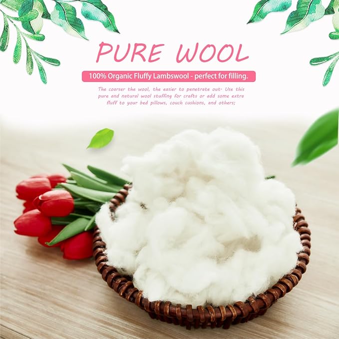 Lambs Wool Stuffing Super Clean Fine Wool for Felting Filler Roving Mercerized Wool for Crafts Needle Cushions Pillow Knitted Stuffed Toys Animals Blending and Dryer Balls, Natural White