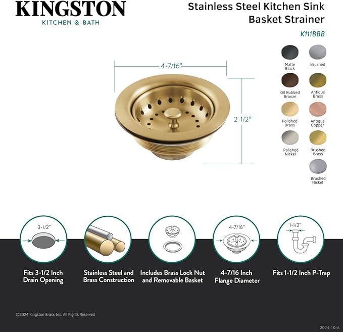 Kingston Brass K111BBB Tacoma Stainless Steel Kitchen Sink Basket Strainer, Brushed Brass