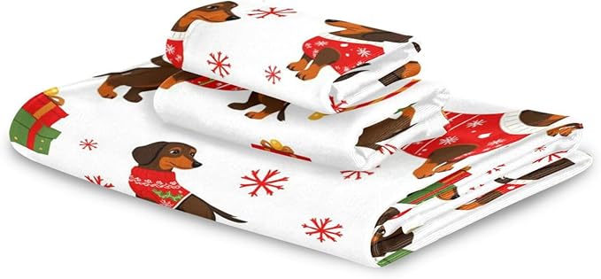 Pfrewn Christmas Winter Towels Set of 3 Dachshund Dog Christmas Snowflakes Bathroom Towel Soft Absorbent Bath Hand Towels Washcloth Guest Towel Sets Xmas Holiday Decor