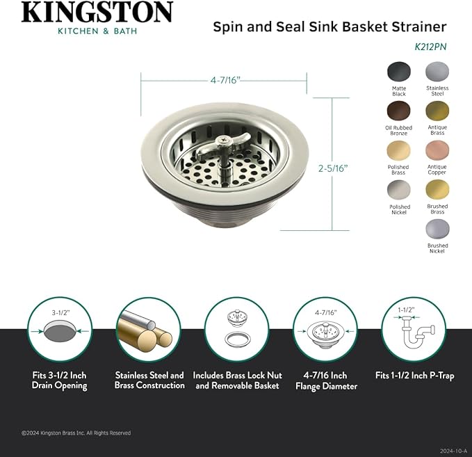 Kingston Brass K212AB Tacoma Spin and Seal Sink Basket Strainer, Antique Brass