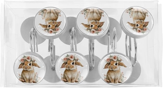 Cute Rabbits and Florals Rust Proof Shower Curtain Hooks 12Pcs for Bathroom Shower Rod, Decorative Shower Hooks Shower Curtain Hanger Rings Roller, Glass, Resin, Stainless Steel