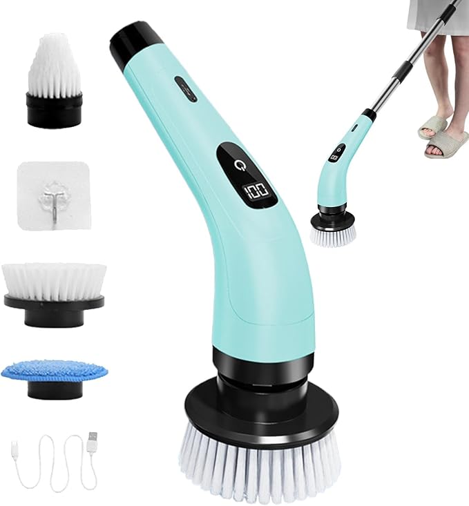 Electric Spin Scrubber, Cordless Bathroom Scrubber, Electric Brush Cleaner, 370 RPM USB Rechargeable Scrubber with 3 Replaceable Brush Heads, 2 Adjustable Speeds Bathroom