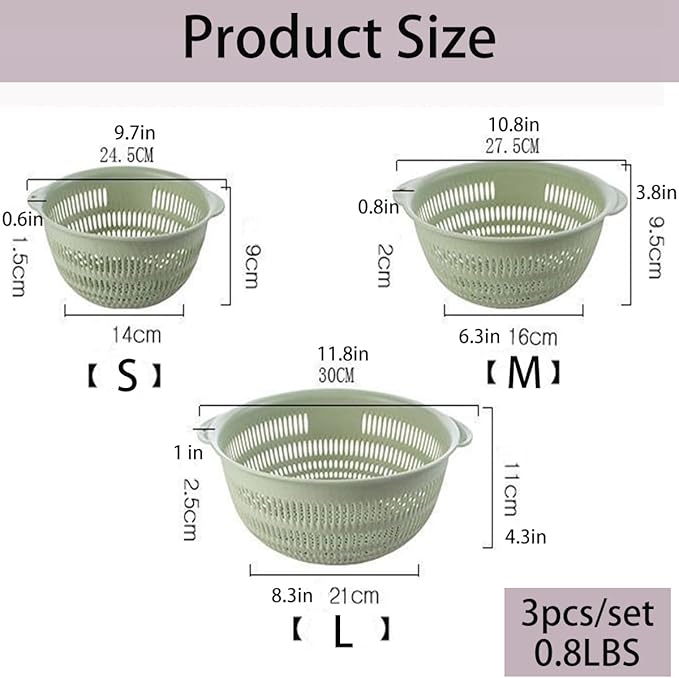 3 pcs Plastic Wash Basket Round Perforated Colander Wash Vegetables and Fruits Drain Cooked Pasta Kitchen Essentials Food Strainer Basket Strainer Kitchen Blue Yellow green red (3PCS-Green)