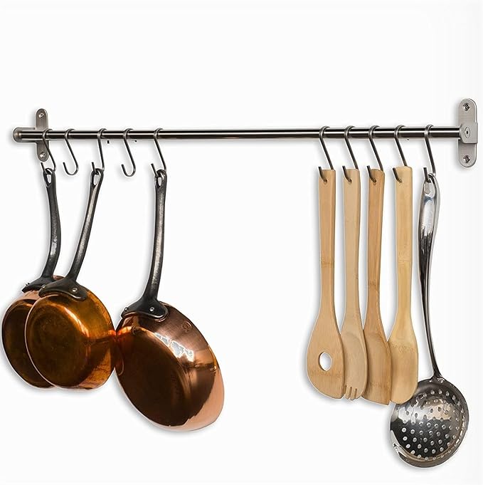 Premium Chefmate Stainless Steel Gourmet Kitchen 23 Inch Wall Mount Rail and 10 S Hooks Set Utensil Pot Pan Lid Rack Storage Organizer, Silver (23 Inch)
