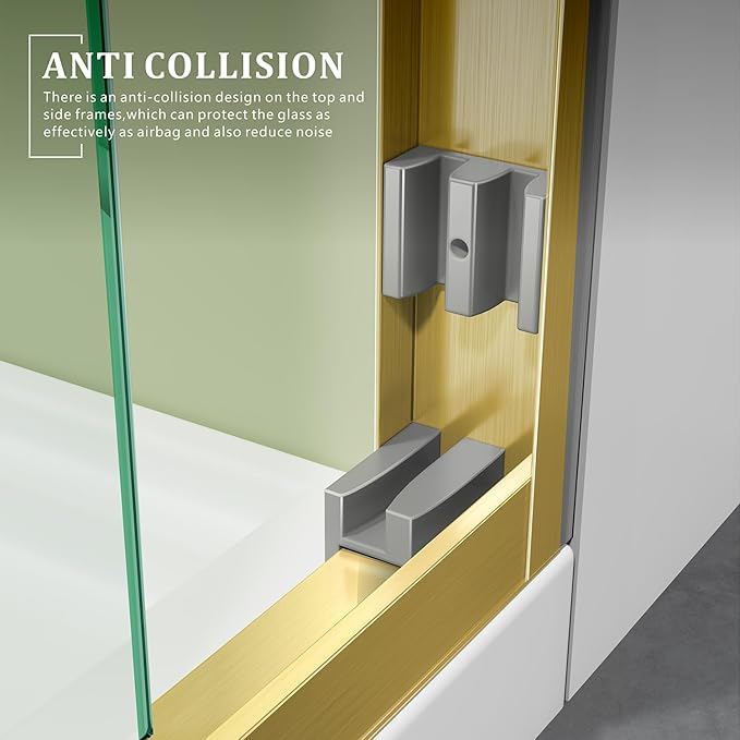 Brushed Gold Glass Shower Door,56-60 inch Wide x 72 inch Height Bathroom Sliding Door with Stainless Steel Double Handles,Reversible Easy Installation Walk in Doors with 1/4 inch Clear Tempered Glass