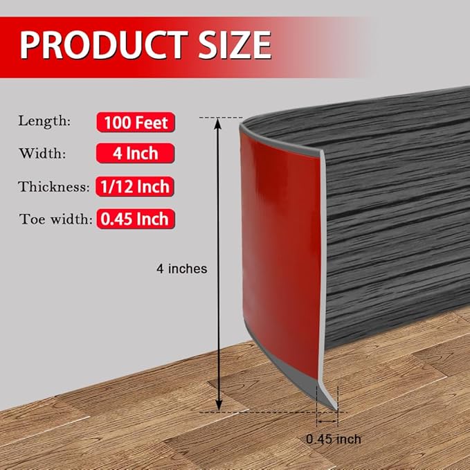 FONUNO Vinyl Wall Base Baseboard Molding Trim 4" Flexible Self Adhesive Rubber Wall Base Moulding Trim Peel and Stick Design, 4 Inch x 100 Feet, Dark Gray Wood