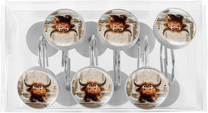 12 Packs Bathing Highland Cow Shower Curtain Hooks, Stainless Steel Glass Shower Curtain Rings for Bathroom Decor, Metal Rustproof Curtain Rod Hooks