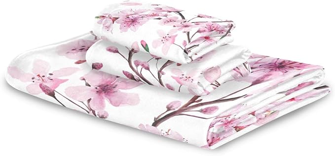Pfrewn Cherry Blossoms Flowes Towels Set of 3 Watercolor Pink Floral Sakura Branch Bathroom Towel Soft Absorbent Bath Hand Towels Washcloth Guest Towel Sets Bathroom Decorations