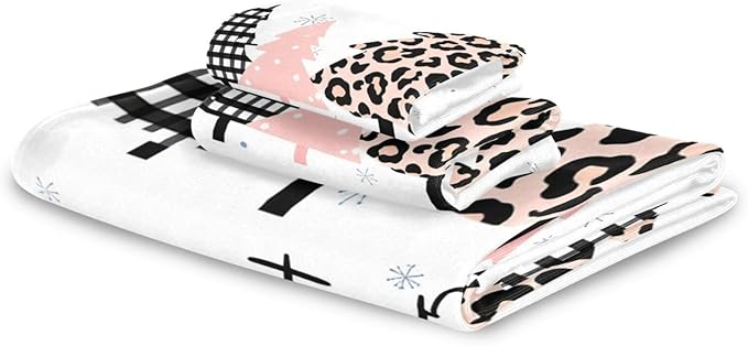 Pfrewn Plaid Pink Christmas Tree Towels Set of 3 Winter Forest Leopard Tree Grey Snowflakes Bathroom Towel Soft Absorbent Bath Hand Towels Washcloth Guest Towel Sets Xmas Holiday Decor