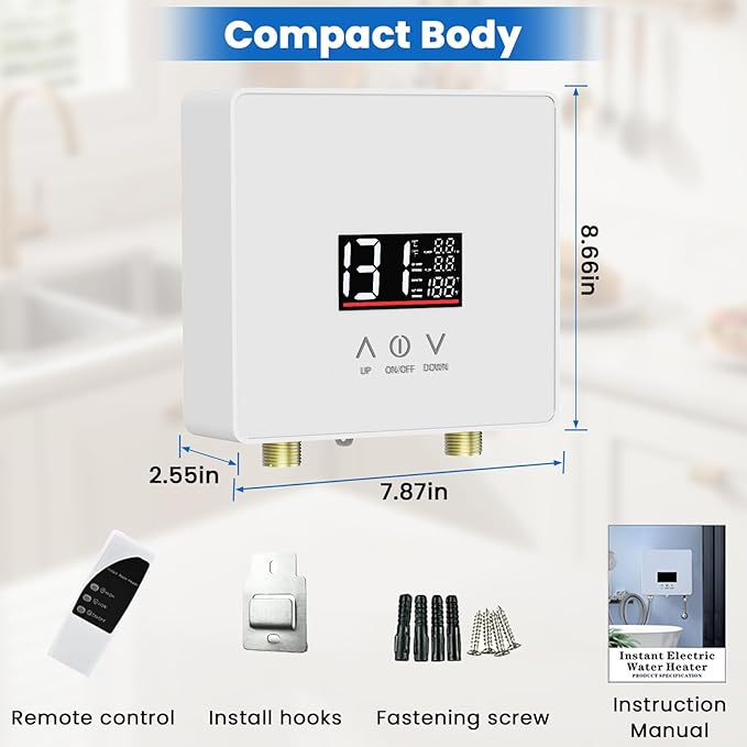Tankless Water Heater Electric, 240V 6000W Under Sink Instant Water Heater with Digital Display Touch Screen On-Demand Water Heater Point Of Use for Kitchen, Bathroom, Laundry, RVs