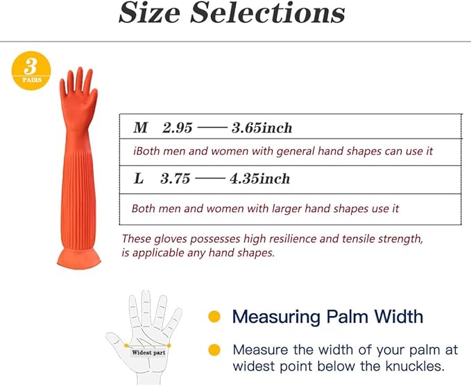 3 Pairs Household Extra Long Kitchen Gloves for Washing Dishes,20.05inches Rubber Cleaning Gloves,Reusable Latex Living Wash Gloves,Long Sleeves(Large, Red)