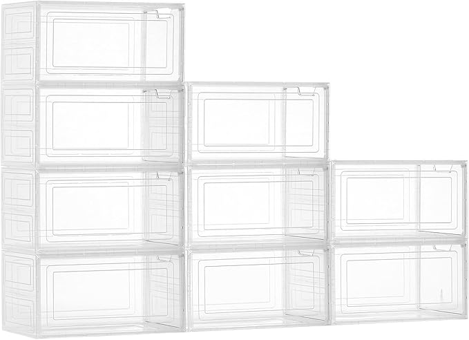 VEVOR Shoe Storage Boxes, 9 Pack Clear Stackable Shoe Boxes Storage Organizers with Magnetic Door, Fit up to US Size 13, Plastic Sneaker Containers for High Heels, Boots, and Hats, Transparent White