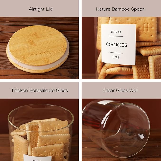 Set of 6 Glass Flour and Sugar jars with 132 Kitchen Pantry Labels - Thicken Large Glass Storage containers with Airtight Bamboo Lid - Rice Canisters for Salt Coffee - 100OZ/54OZ/27OZ