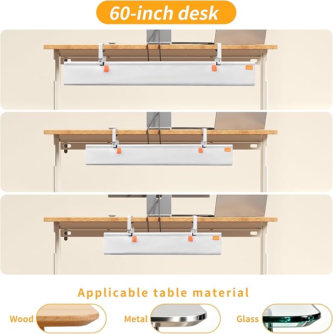 No Drill Under Desk Cable Management Tray, 36" Cord Organizer with Clamp, Fabric Cable Management for Standing Desks, Ideal for Home & Office - White
