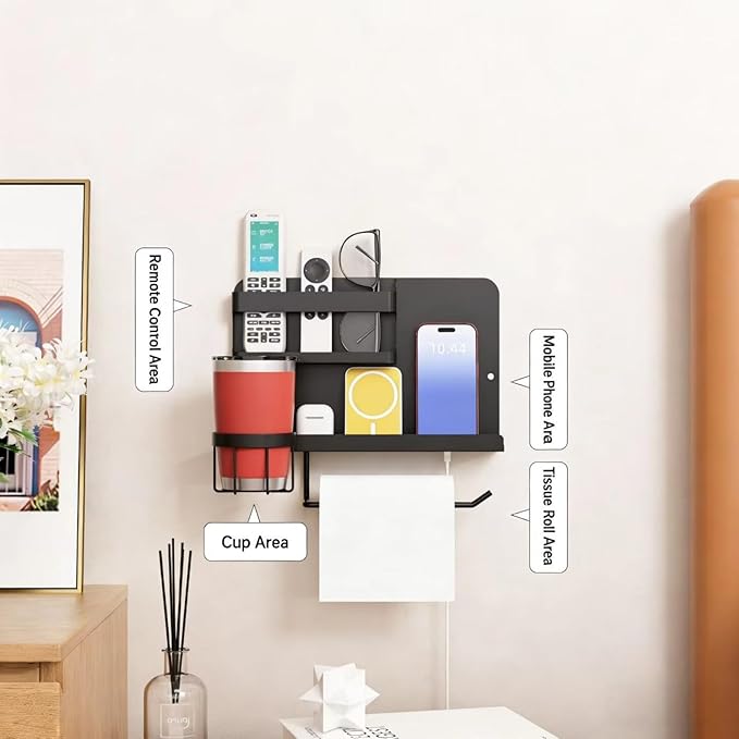 Floating Shelves for Bedside, Self Stick On Wall Mount Shelf Organizer with Hooks, Cute Room Decor Aesthetic, Multi-Functional Storage for Bedroom, Office, No Drilling Adhesive Hanging Shelf (White)