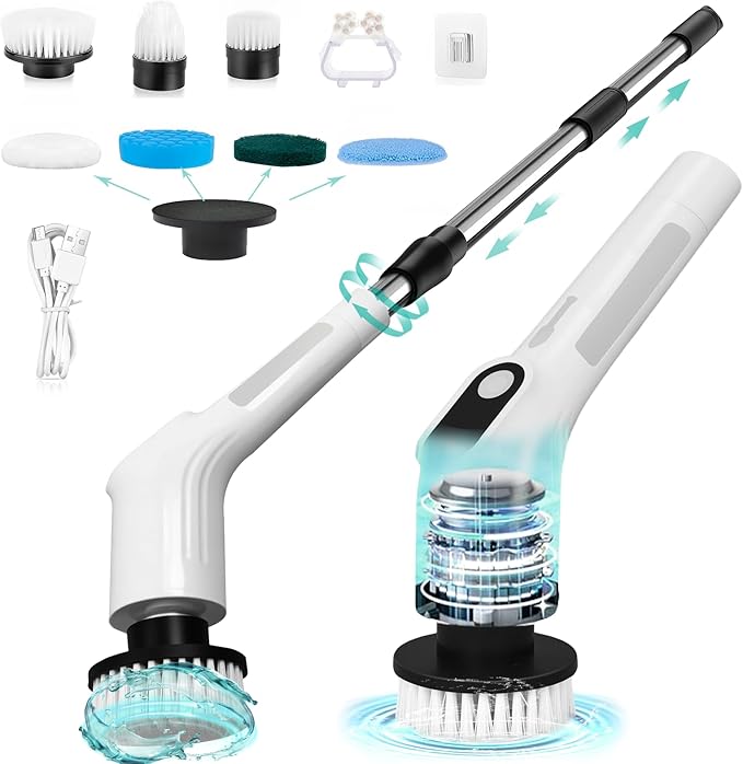 LICHIFIT Electric Spin Scrubber, Waterproof Cordless Shower Cleaning Brush with Replaceable Brush Heads and Adjustable Extension Handle 2 Speeds for Bathtub Kitchen Wall Cleaning