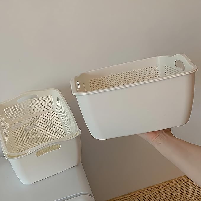 Double-Layer Plastic Fruits & Vegetable Washing Basket - Multi-Layer Stackable Sink Wash & Drain Basket for Kitchen (White Small)