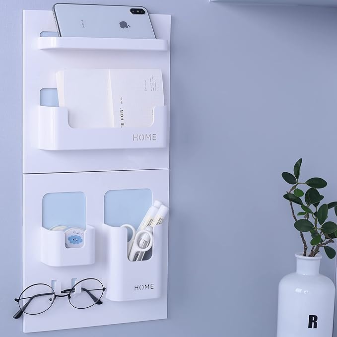 Bedside Shelf with Strong Sticky Gel,Wall Mount Organizer Holder for Cell Phone,Glasses,Remote,Keys,Adhesive Wall Shelves for Bedroom,Bathroom, Kitchen,No Drill Space Saver (Vertical Type/White)