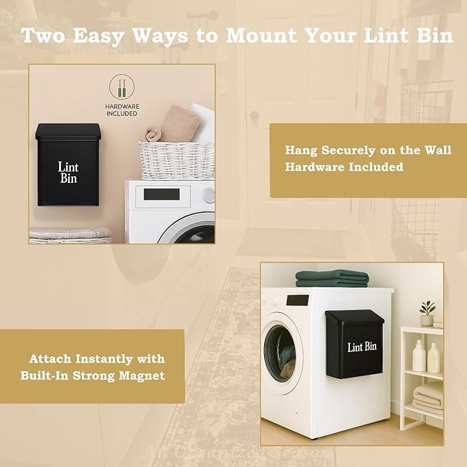 Magnetic Lint Bin for Laundry Room Organization & Storage, Wall-Mounted Dryer Lint Bin Trash Can with Lid, Lint Box Includes Brush, 2 White Hooks, 1 Black Hook, Screws & Magnet Glue (Black)