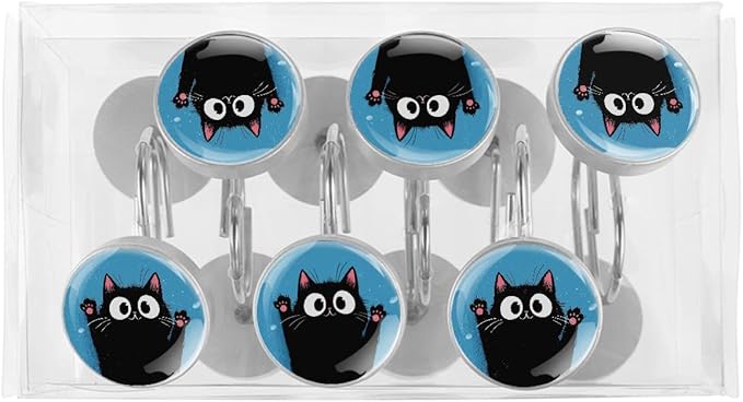12 Packs Black Happy Cat Shower Curtain Hooks, Stainless Steel Glass Shower Curtain Rings for Bathroom, Rustproof Metal Curtain Rod Hooks