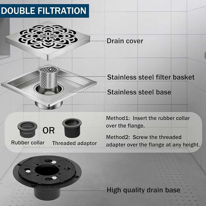 6 Inch Shower Drain, Square Shower Floor Drain Kit with Flange and Removable Cover Grate, AISI 304 Stainless Steel, Brushed Nickel