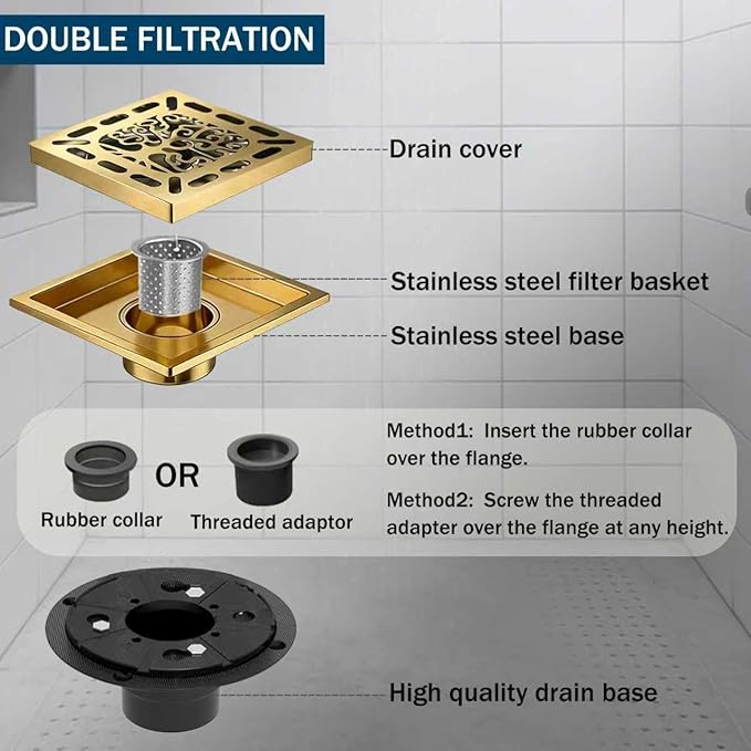 4 Inch Shower Drain, Square Shower Floor Drain Kit with Flange and Removable Cover Grate, AISI 304 Stainless Steel, Brushed Gold