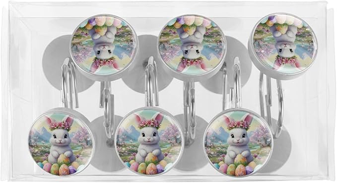 Bunny Rabbit and Easter Eggs Shower Curtain Hooks 12Pcs, Decorative Rust Resistant Shower Rings for Shower Curtain Rods, Stainless Steel Round Curtain Hooks for Bathroom, Bedroom, Farmhouse