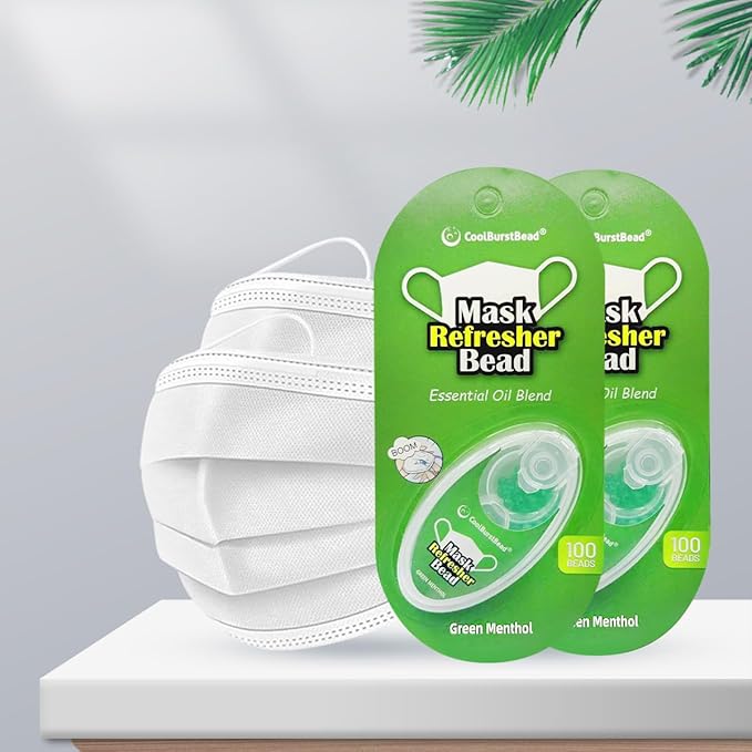 Menthol Beads for Face Mask Refresher, Long-Lasting & Strong Refreshing Fragrance, with Natural Essential Oils from Herbs and Plants (100 beads/pack), Pack of 2, Green Menthol