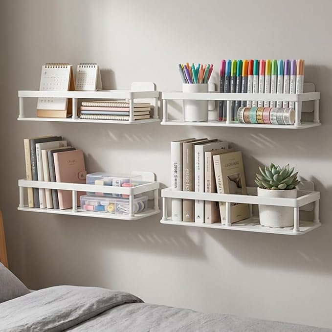 2pc Wall Mounted Floating Shelf, Detachable Storage Rack,No Drill Shelves for Wall,Floating Shelves Damage-Free Expand Walls Space for Living Room Kitchen Bathroom (4, White)