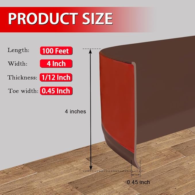 FONUNO Vinyl Wall Base Baseboard Molding Trim 4" Flexible Self Adhesive Rubber Wall Base Moulding Trim Peel and Stick Design, 4 Inch x 100 Feet, Brown