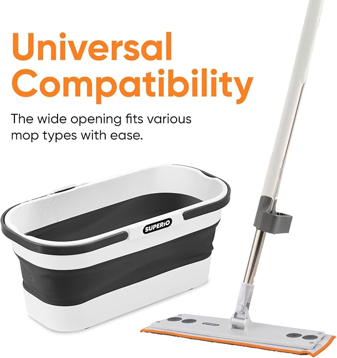 Superio Fold N' Go 10L Collapsible Mop Bucket with Wheels & Self-Wringing Microfiber Flat Mop - Portable, Hands-Free Cleaning Set for Home, Car, Kitchen, Bathroom, Hardwood & Tile Floors