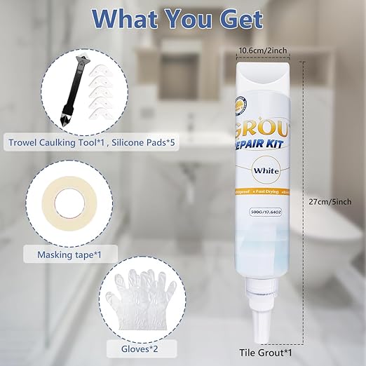 Tile Grout Repair Kit - White Grout Filler, Grout Sealer Fast Drying Grout Repair Kit Restore and Renew Joints Line for Bathroom Shower Kitchen Floor Tile, Waterproof (17.64 oz, White)