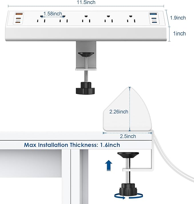 Desk Clamp Power Strip USB C,75W Total Fast Charging Station,45W and 30W USB-C Ports,Desk Edge Mount Power Strip 6-USB Ports,5 AC Outlets Tabletop Surge Protector,Fit 1.6" Tabletop Edge,White